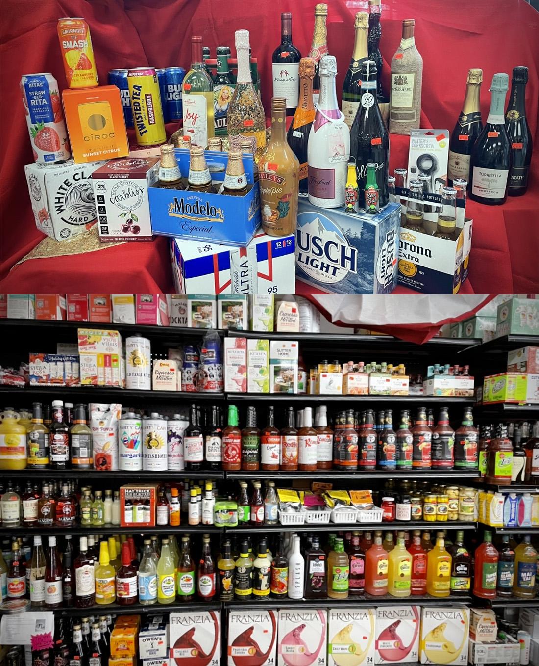 Liquor shed with a bunch of liquors.